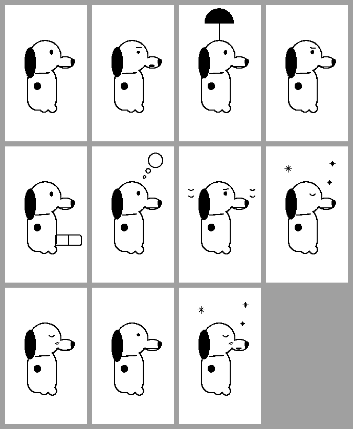 A sheet of eleven 1-bit portraits of Achi, a beagle in profile with a long black ear and a spot on his side, rendered by the desktop simulator: calm, stretching, under an umbrella, focused, reading behind a book, dreaming under a thought bubble, shivering, eyes closed under sparkles, glad, a little bored, celebrating.