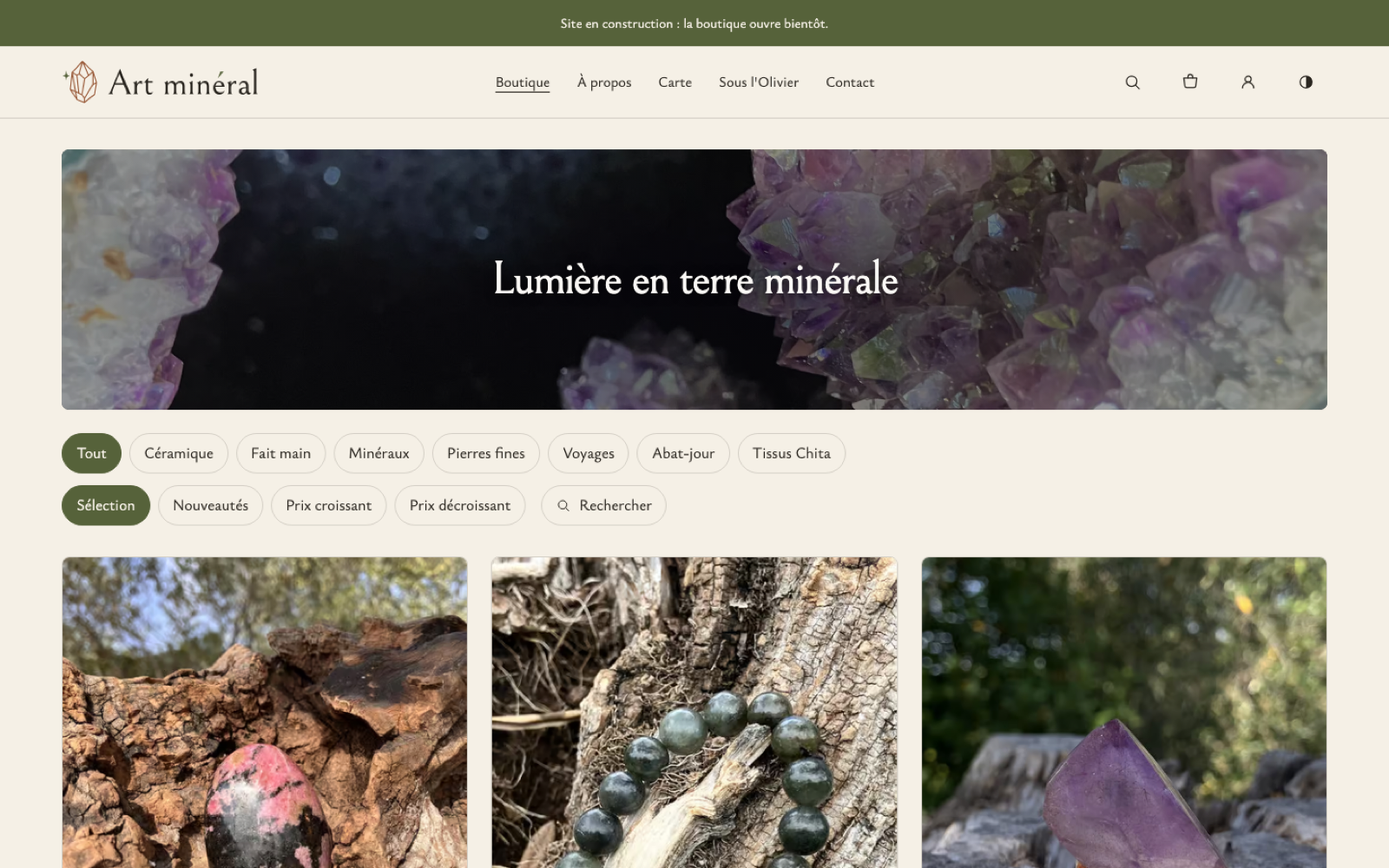 The artmineral.fr shop on desktop: a fine-line crystal logo beside the name, the menu (Boutique, À propos, Carte, Sous l'Olivier, Contact), a wide amethyst geode under “Lumière en terre minérale”, collection and sort filters, and the first stones photographed on bark and wood.