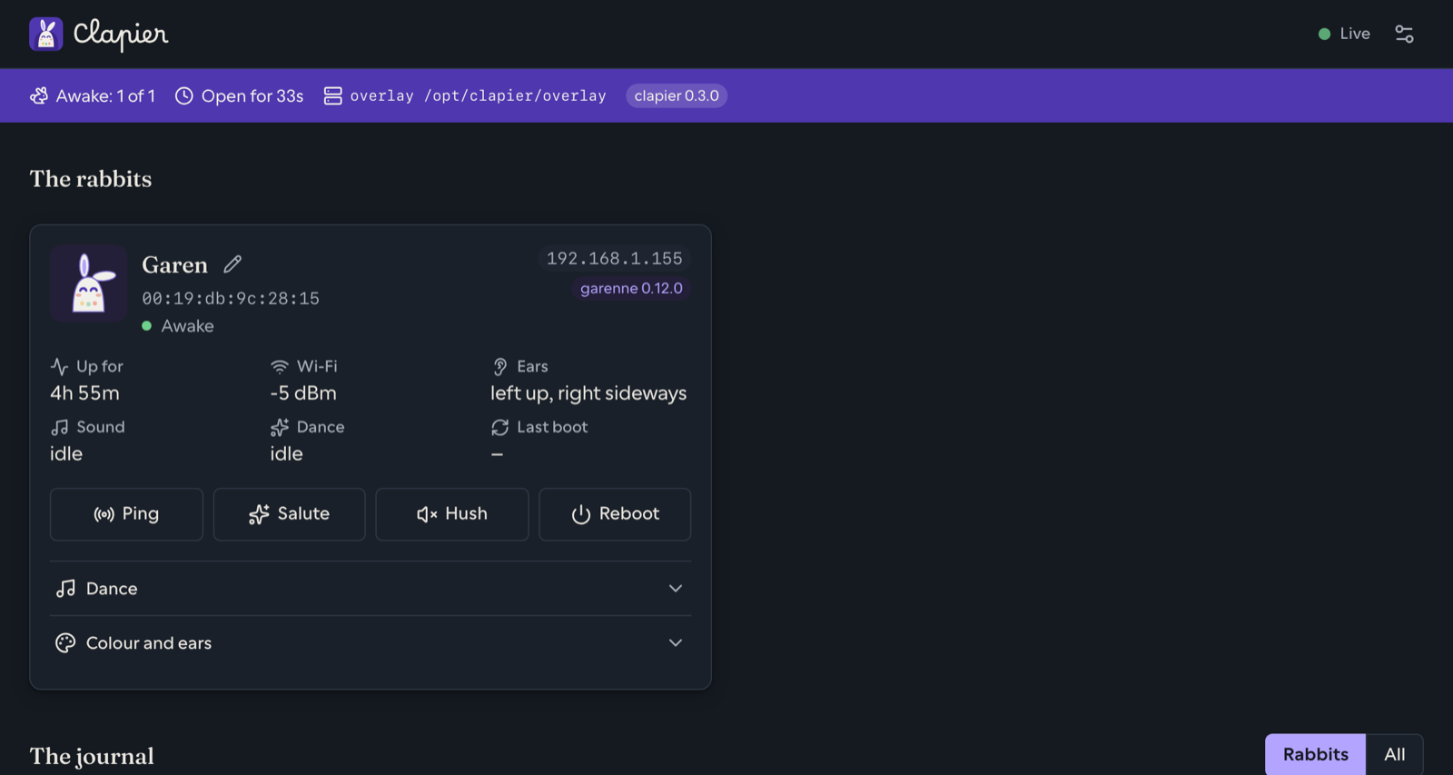Clapier's web app: under a violet band reading “Awake: 1 of 1”, the tile for Garen, an awake rabbit on garenne 0.12.0, with its uptime, Wi-Fi level and ear positions, and four buttons, Ping, Salute, Hush and Reboot.