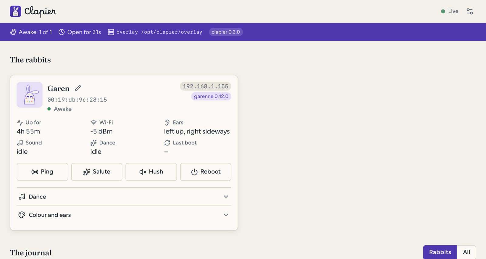 Clapier's web app: under a violet band reading “Awake: 1 of 1”, the tile for Garen, an awake rabbit on garenne 0.12.0, with its uptime, Wi-Fi level and ear positions, and four buttons, Ping, Salute, Hush and Reboot.
