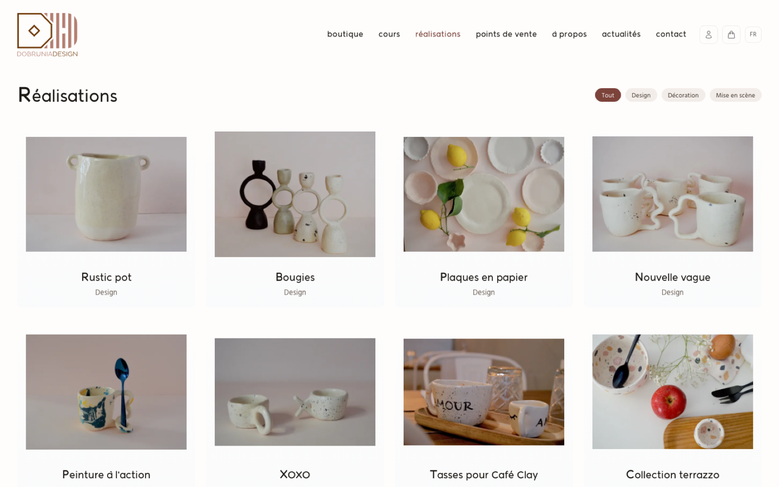 The “Réalisations” page: a grid of the studio's projects (Rustic pot, Bougies, Plaques en papier, Nouvelle vague, a terrazzo collection) under the Design, Décoration and Mise en scène filters.
