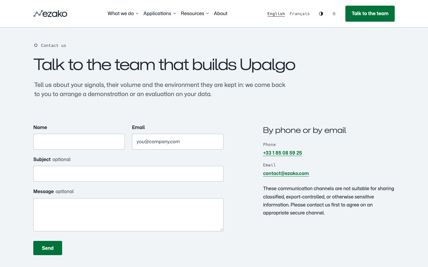 The contact page of ezako.com, another Elara site with its own theme: a form (name, email, optional subject and message) with its Send button, and the company's public phone number and email beside it.