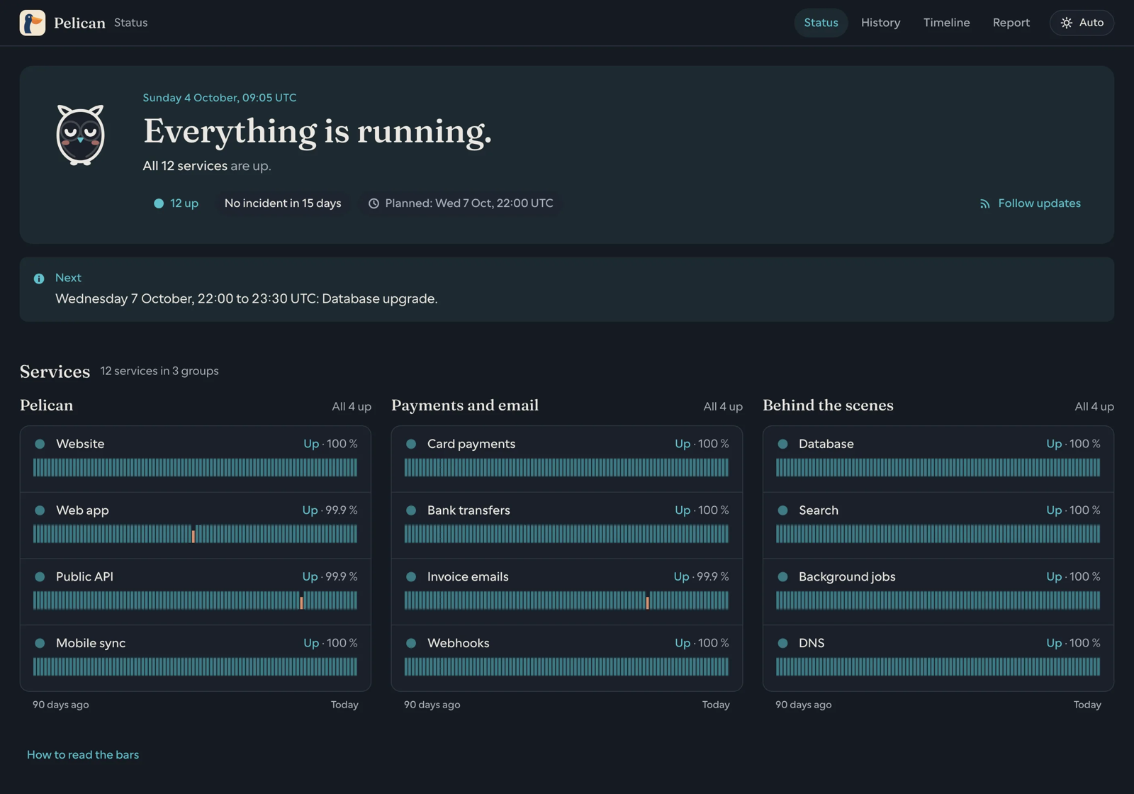 The Hora status page of Pelican, the sample company of the docs: the owl logo, the time, “Everything is running.”, a planned maintenance notice, then twelve services in three groups, each with its 90-day bar.
