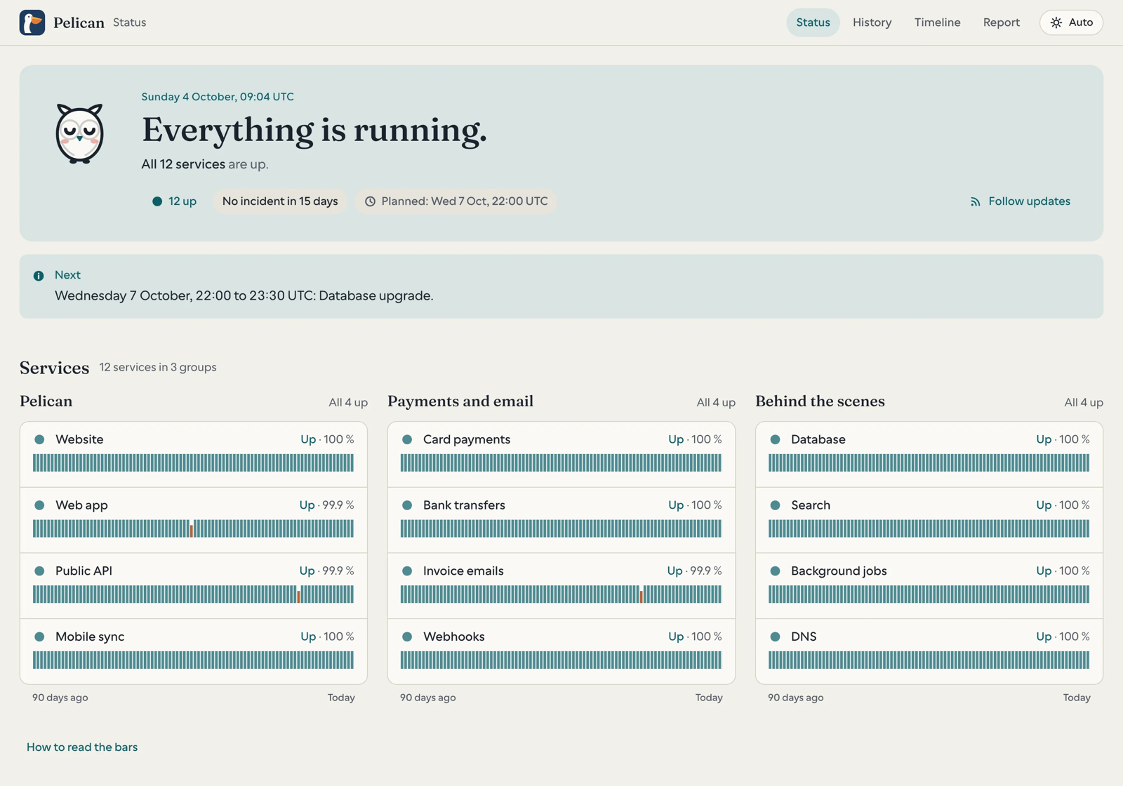 The Hora status page of Pelican, the sample company of the docs: the owl logo, the time, “Everything is running.”, a planned maintenance notice, then twelve services in three groups, each with its 90-day bar.