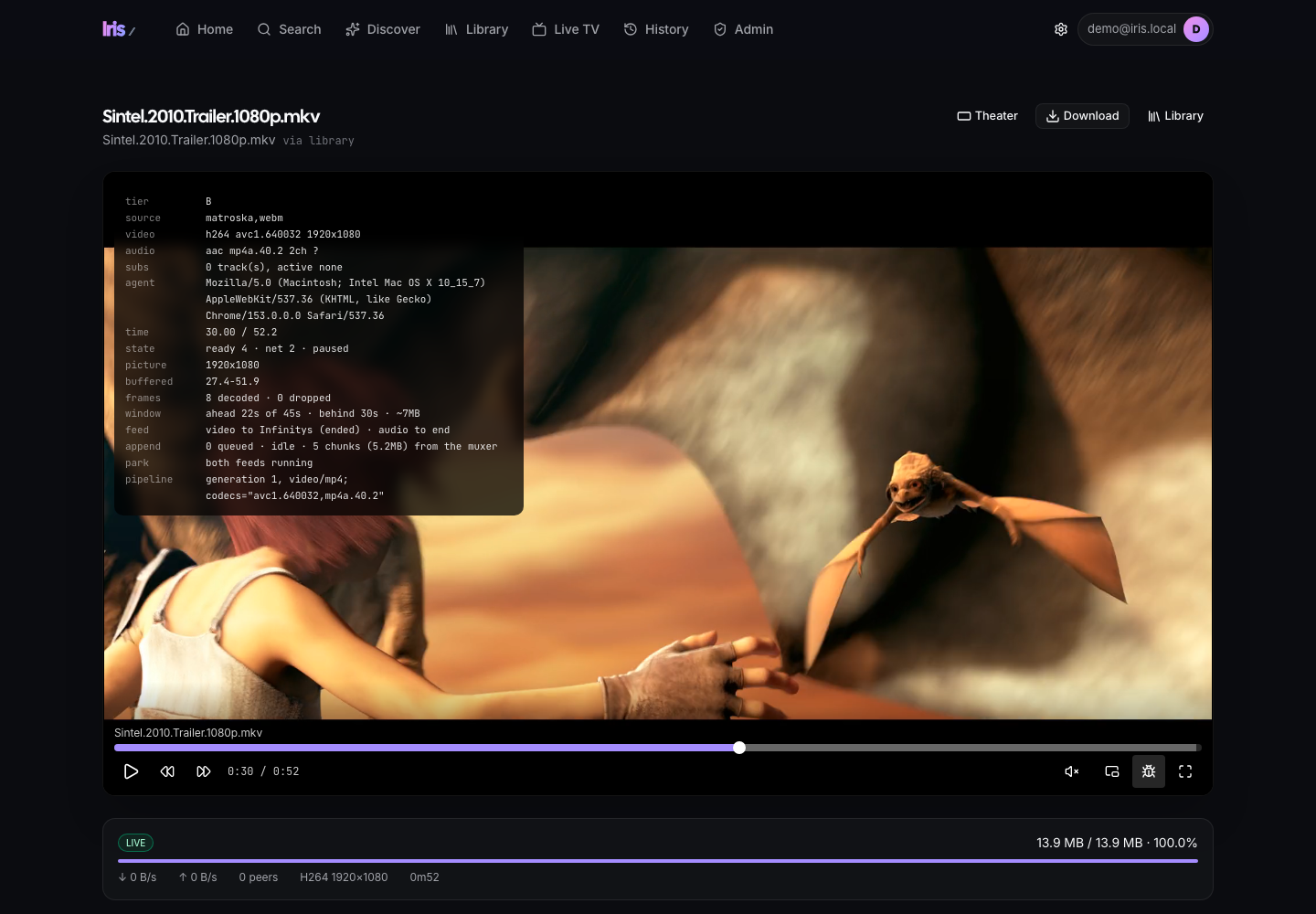The same player with its debug panel open: tier B, a Matroska source (H.264 1080p, AAC) remuxed in the browser into fragmented MP4, buffer and frame counters, and below, the torrent status bar at 100 %.