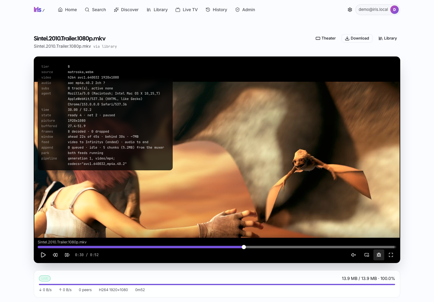 The same player with its debug panel open: tier B, a Matroska source (H.264 1080p, AAC) remuxed in the browser into fragmented MP4, buffer and frame counters, and below, the torrent status bar at 100 %.