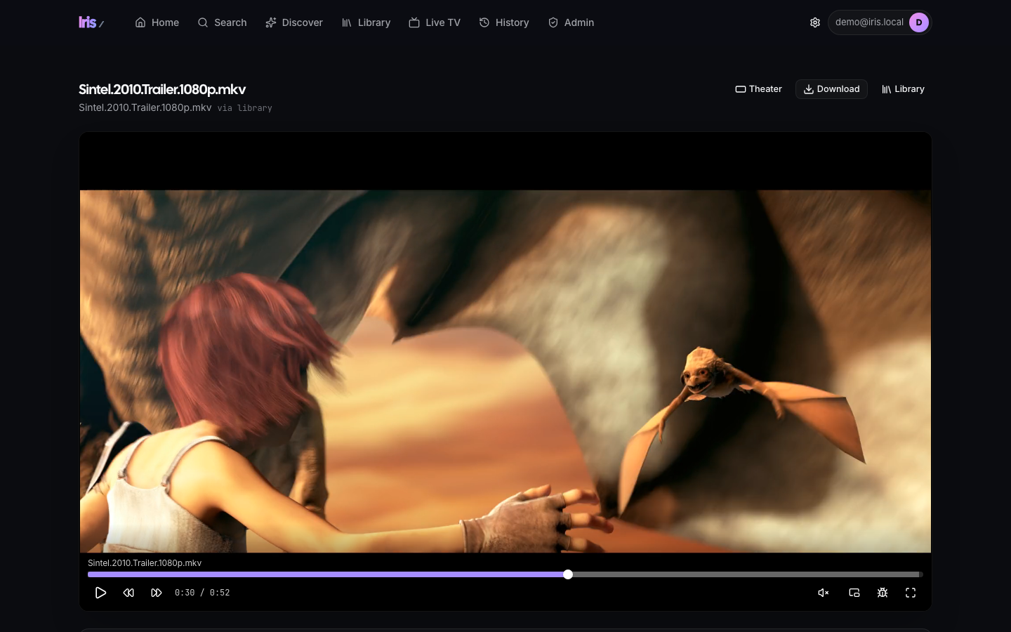 The Iris watch page, paused at 0:30 of the Sintel trailer (Blender Foundation, CC BY), with its control bar: play, skip, mute, picture in picture, debug and fullscreen.