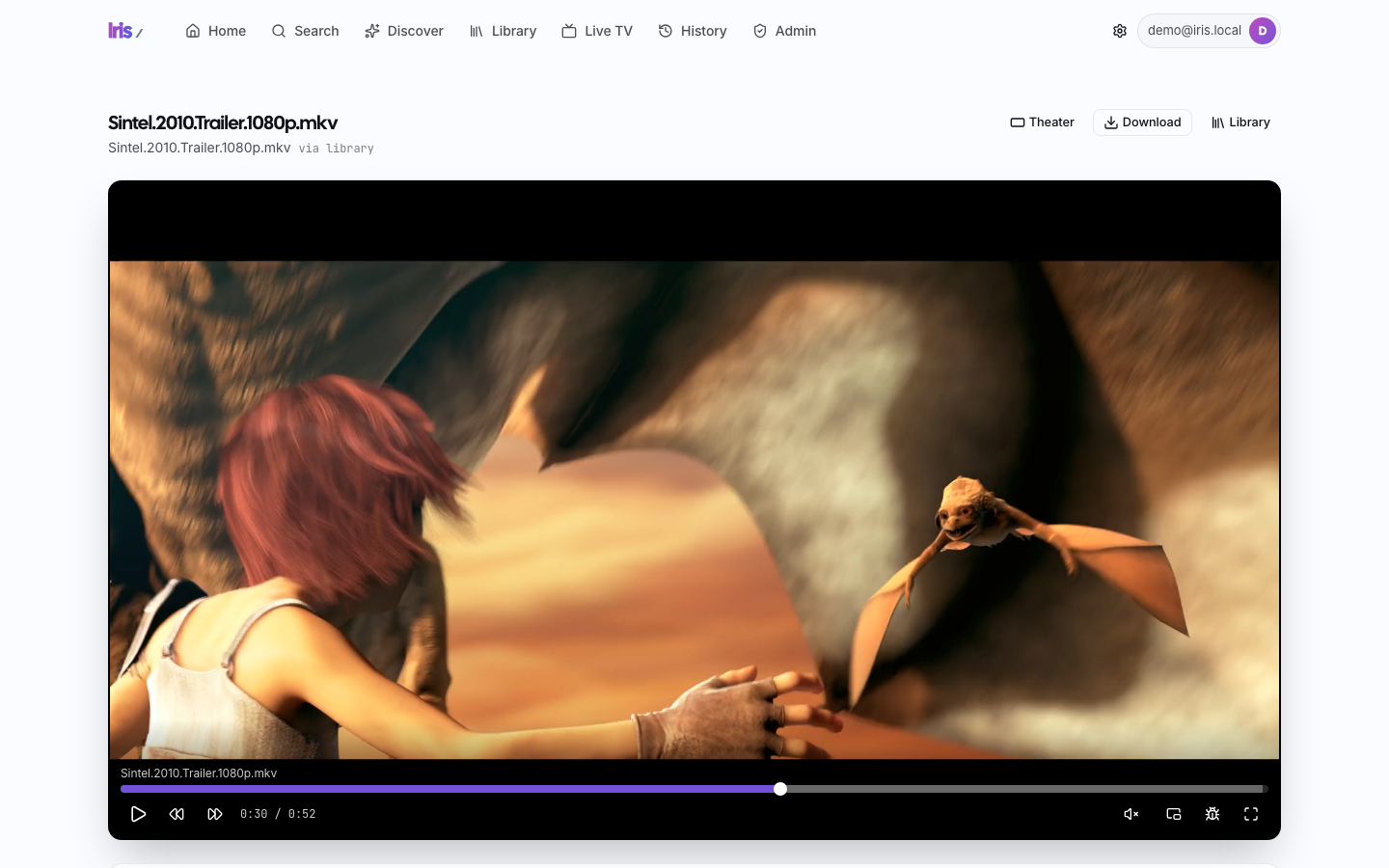 The Iris watch page, paused at 0:30 of the Sintel trailer (Blender Foundation, CC BY), with its control bar: play, skip, mute, picture in picture, debug and fullscreen.