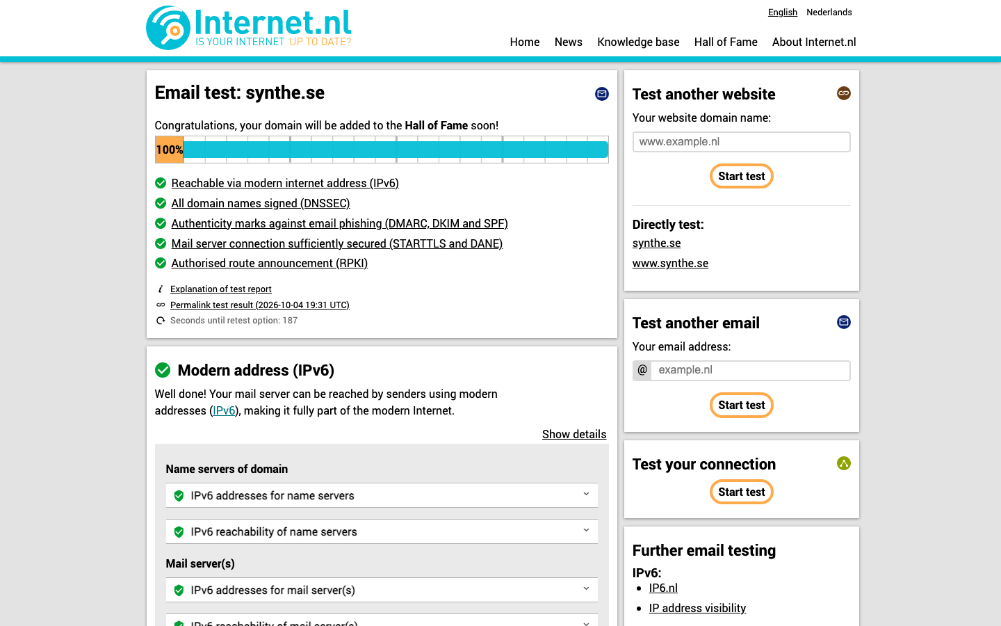 The internet.nl email test for synthe.se, run on 4 October 2026: a score of 100%, every category passed: IPv6, DNSSEC, DMARC with DKIM and SPF, STARTTLS with DANE, and RPKI.