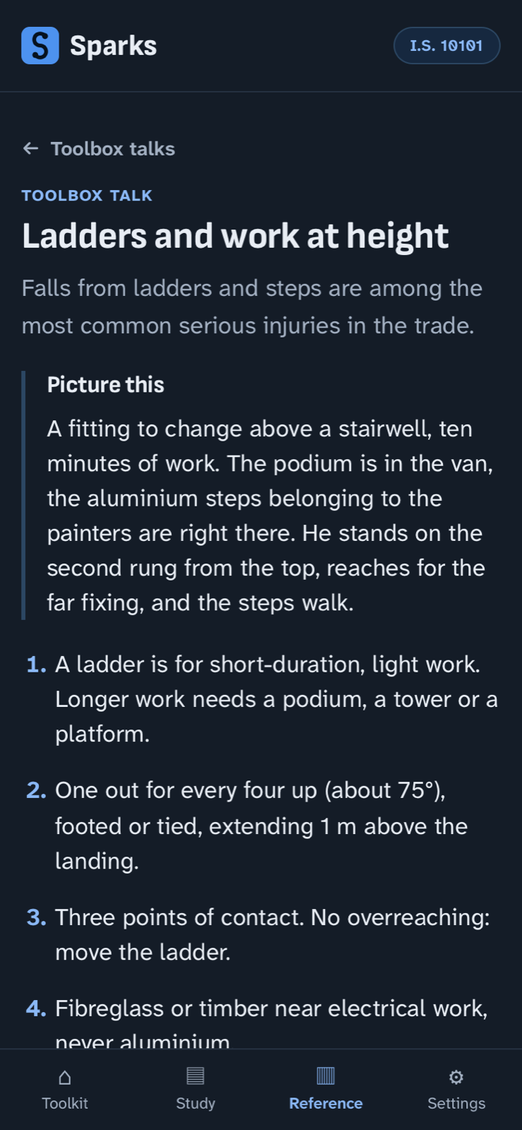A toolbox talk in the Sparks app on a phone: “Ladders and work at height”, a short site scene under “Picture this”, then numbered safety points.