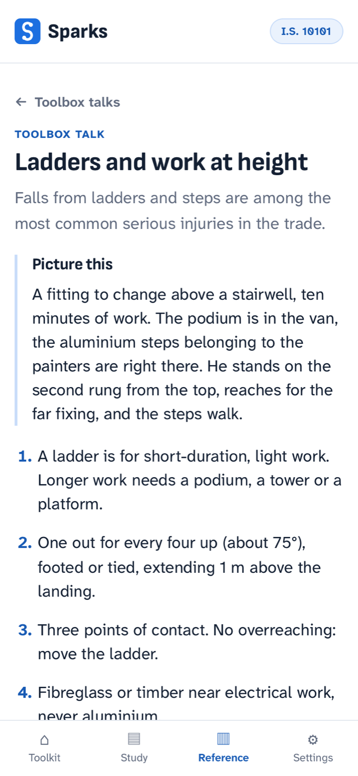 A toolbox talk in the Sparks app on a phone: “Ladders and work at height”, a short site scene under “Picture this”, then numbered safety points.