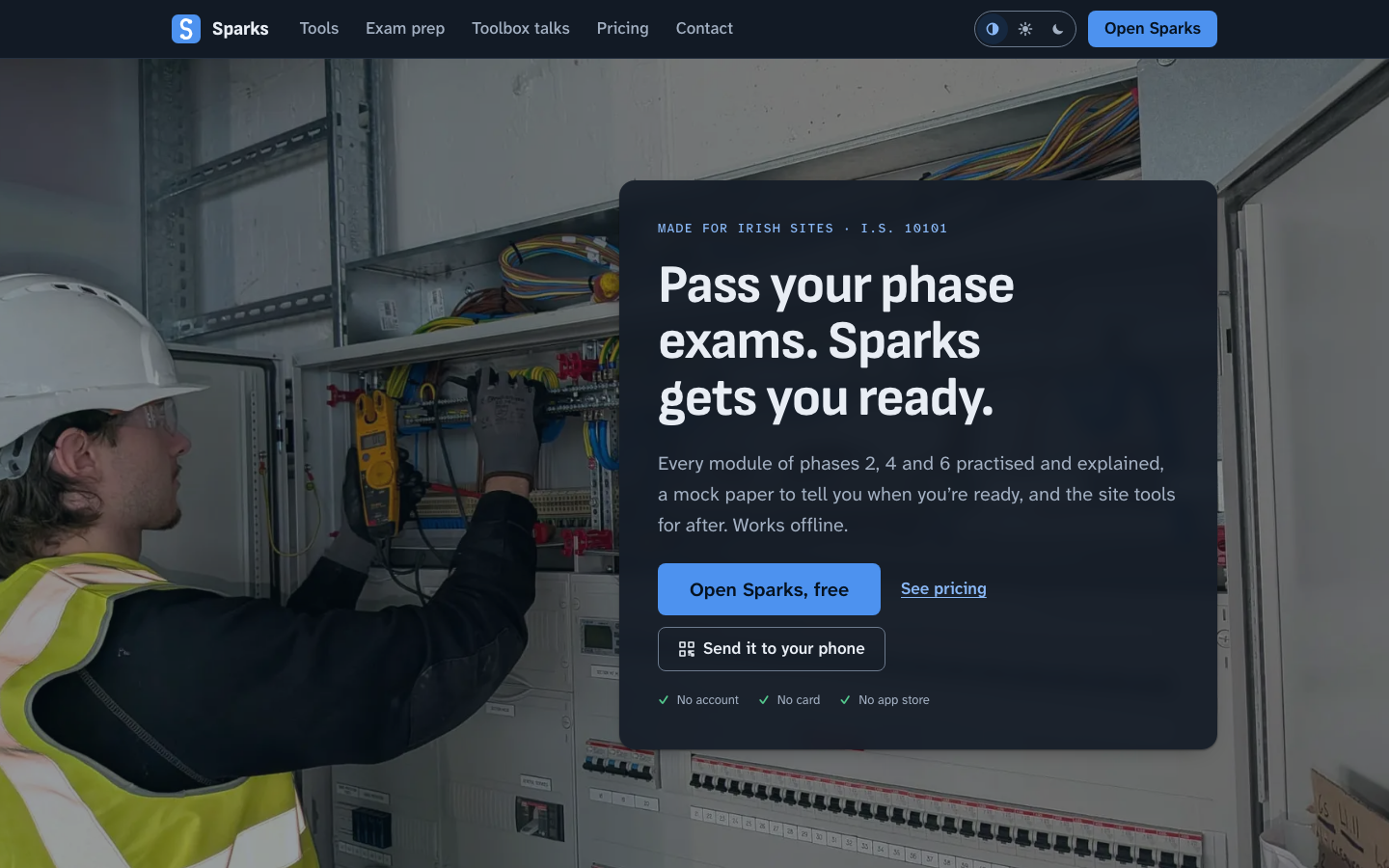 The sparksireland.ie storefront on desktop: an apprentice testing a distribution board with a clamp meter, beside a panel reading “Pass your phase exams. Sparks gets you ready.” and buttons to open the app and see pricing.