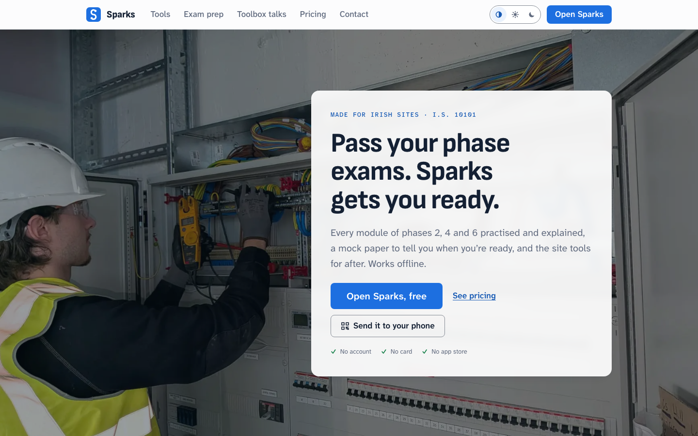 The sparksireland.ie storefront on desktop: an apprentice testing a distribution board with a clamp meter, beside a panel reading “Pass your phase exams. Sparks gets you ready.” and buttons to open the app and see pricing.